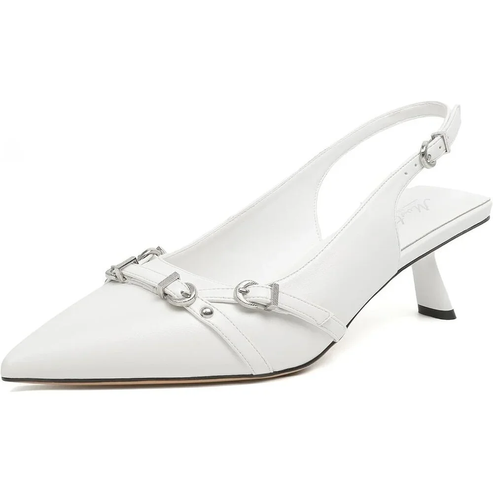 Women's White PU Pointed Toe Pumps Patent Leather Low Heel Slingback with Buckle